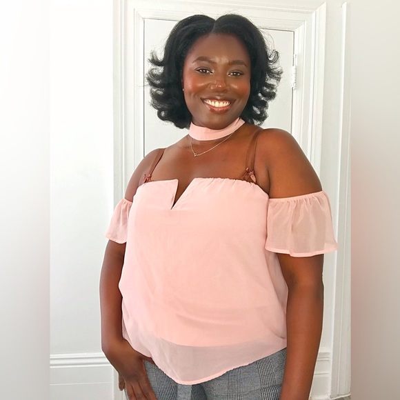 Powder Pink Off The Shoulder Top With Slit Front Lightweight Top With NeckTie - Picture 4 of 7